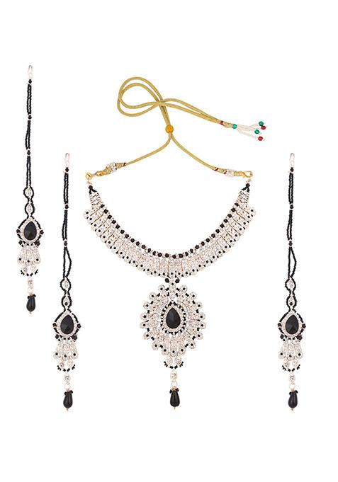 Black Gold Plated Artificial Stone And Bead Necklace Set With Maang Tikka