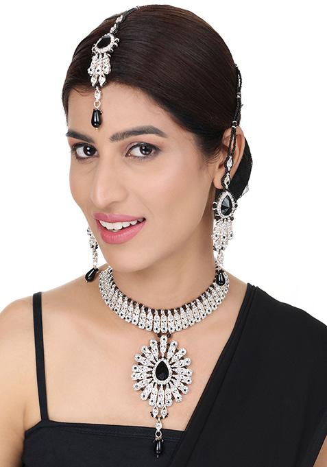 Black Gold Plated Artificial Stone And Bead Necklace Set With Maang Tikka