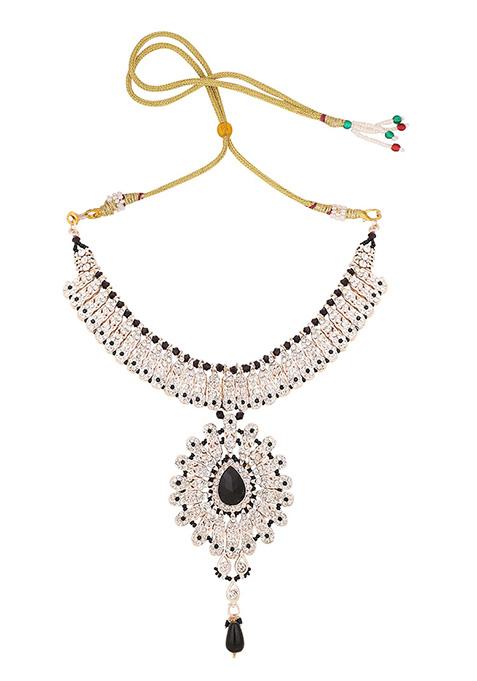 Black Gold Plated Artificial Stone And Bead Necklace Set With Maang Tikka