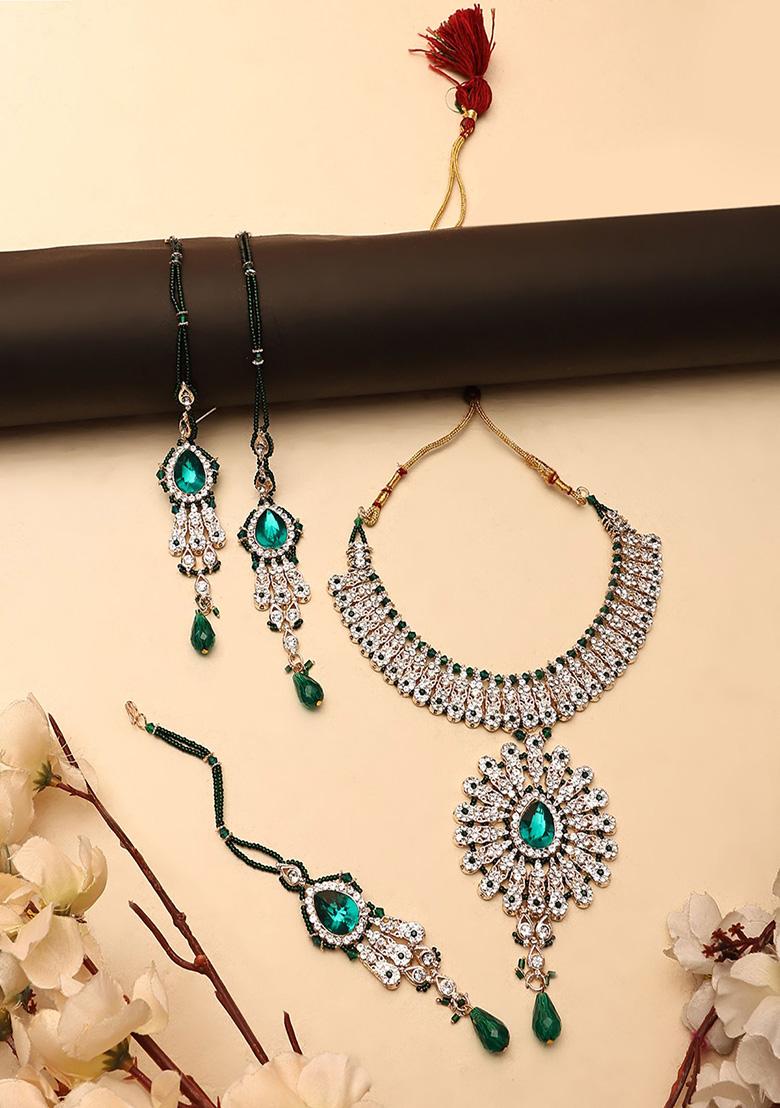 Green Gold Plated Artificial Stone And Bead Necklace Set With Maang Tikka