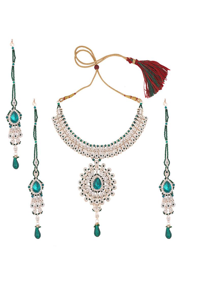 Green Gold Plated Artificial Stone And Bead Necklace Set With Maang Tikka