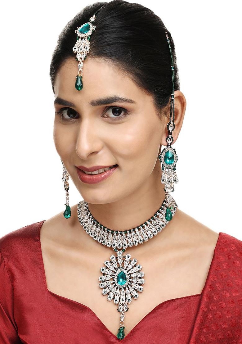 Green Gold Plated Artificial Stone And Bead Necklace Set With Maang Tikka