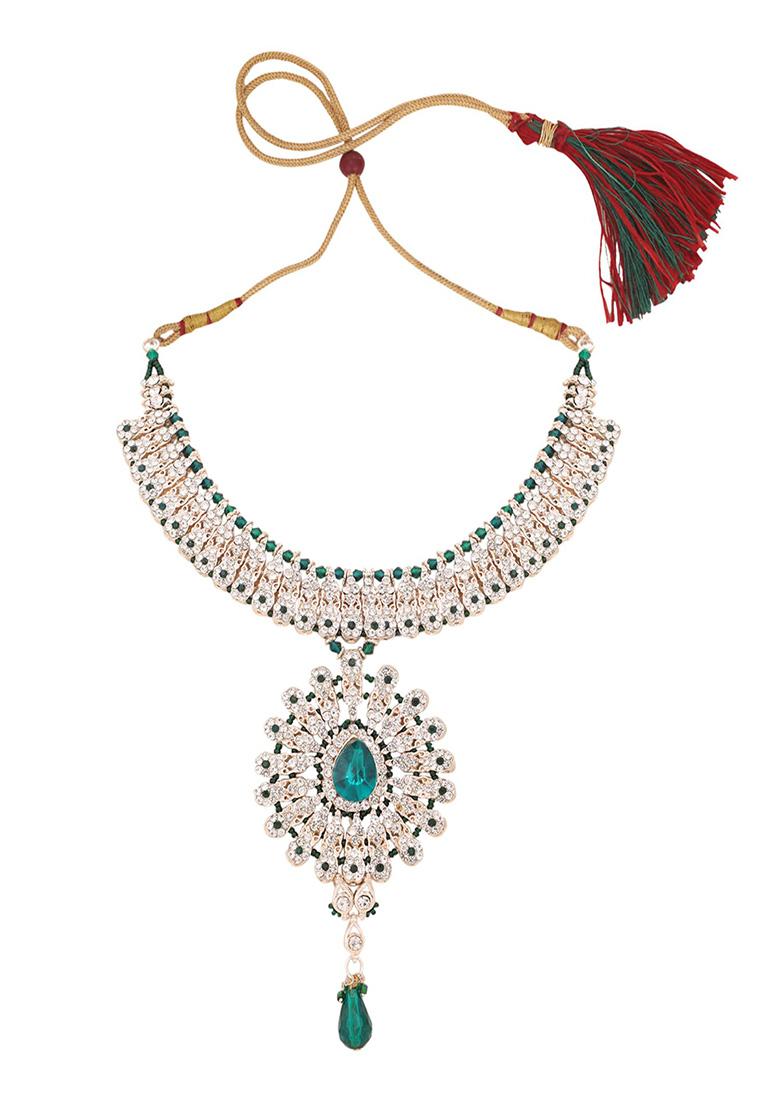 Green Gold Plated Artificial Stone And Bead Necklace Set With Maang Tikka