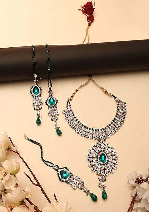 Green Gold Plated Artificial Stone And Bead  Necklace Set With Maang Tikka