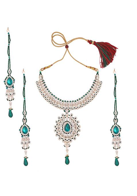 Green Gold Plated Artificial Stone And Bead Necklace Set With Maang Tikka