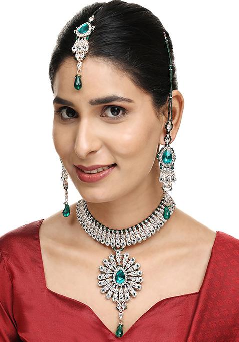 Green Gold Plated Artificial Stone And Bead Necklace Set With Maang Tikka