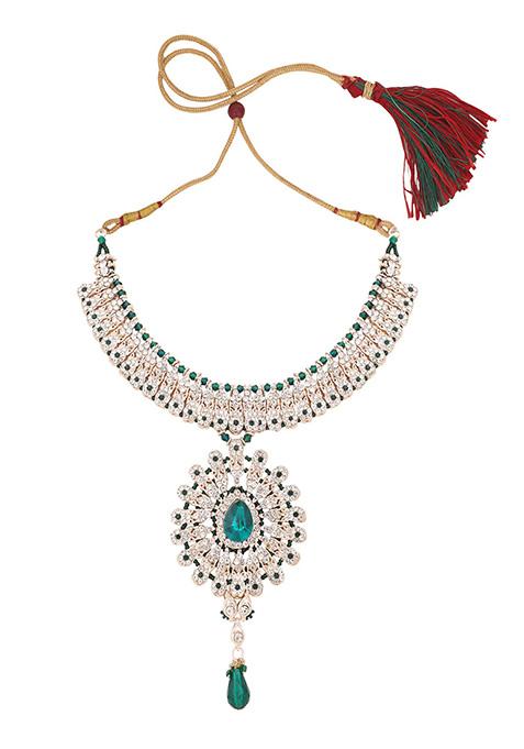 Green Gold Plated Artificial Stone And Bead Necklace Set With Maang Tikka
