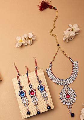Multicolour Gold Plated Artificial Stone And Bead  Necklace Set With Maang Tikka