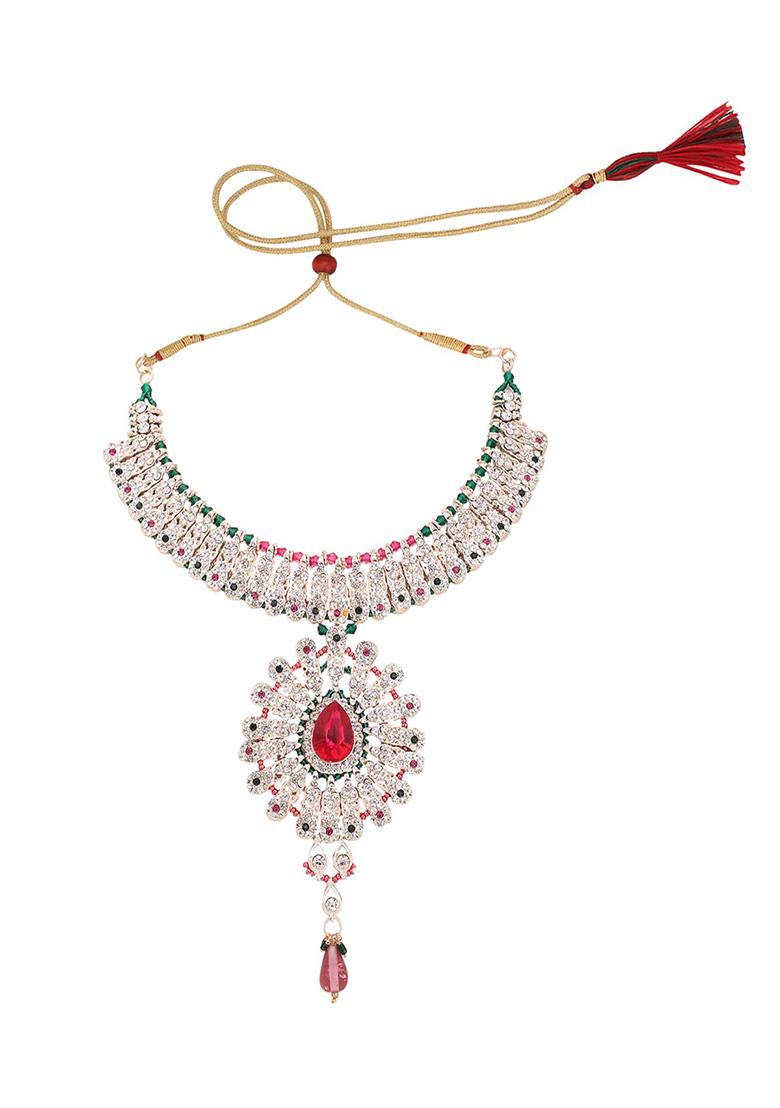 Multicolour Gold Plated Artificial Stone And Bead  Necklace Set With Maang Tikka - Indya