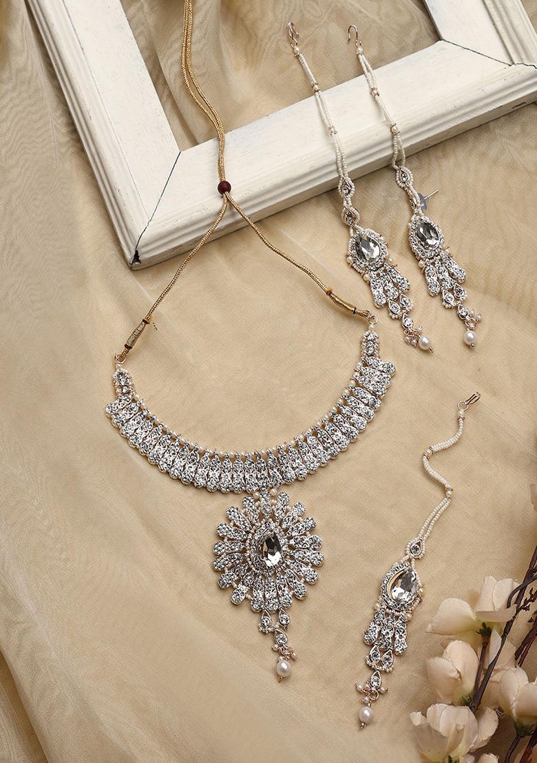 White Gold Plated Artificial Stone And Bead Necklace Set With Maang Tikka