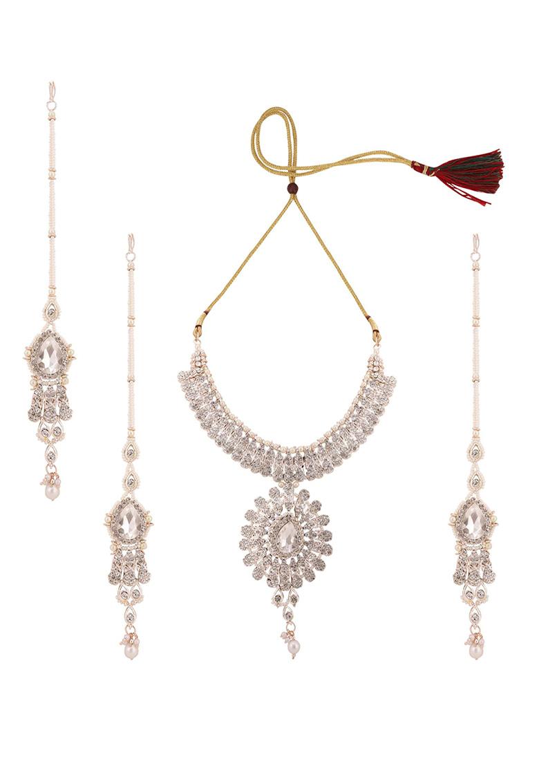 White Gold Plated Artificial Stone And Bead Necklace Set With Maang Tikka