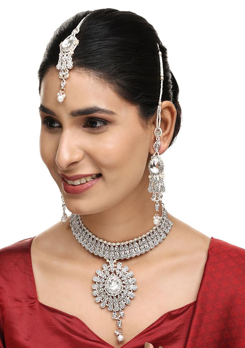 White Gold Plated Artificial Stone And Bead Necklace Set With Maang Tikka