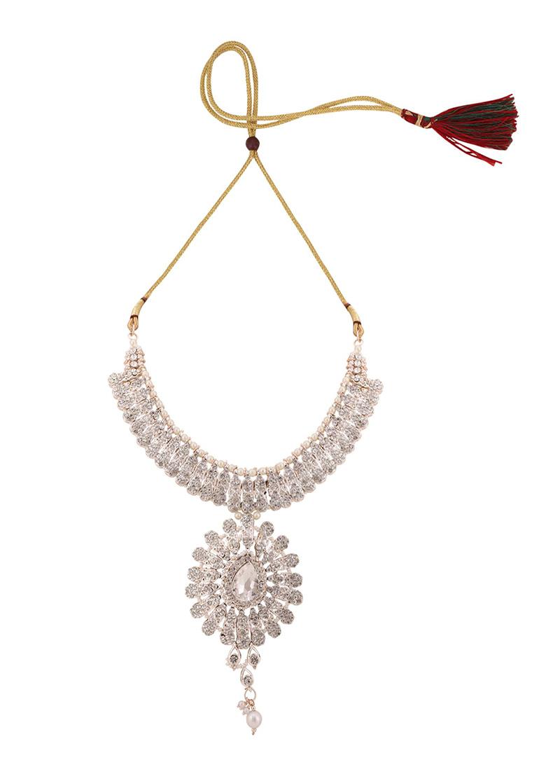 White Gold Plated Artificial Stone And Bead Necklace Set With Maang Tikka