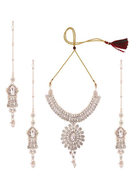 White Gold Plated Artificial Stone And Bead Necklace Set With Maang Tikka