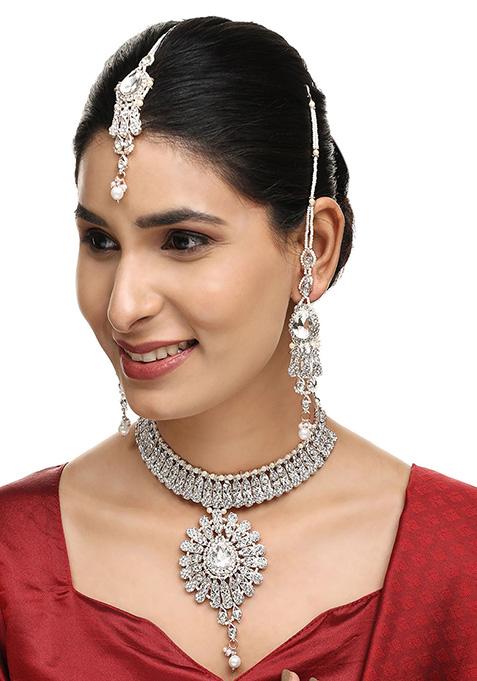 White Gold Plated Artificial Stone And Bead Necklace Set With Maang Tikka