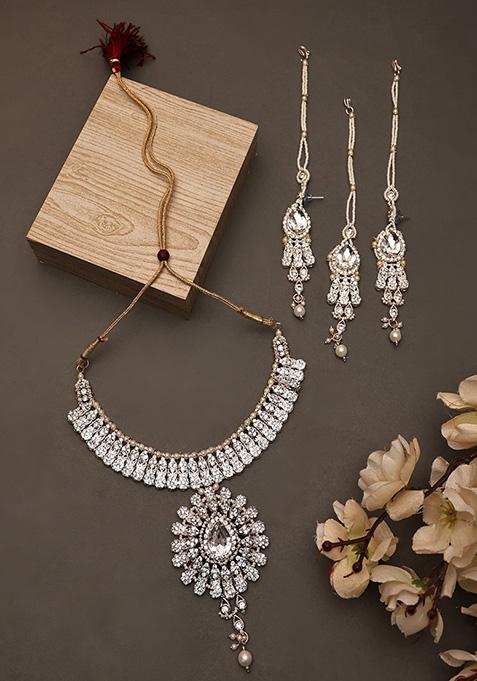 White Gold Plated Artificial Stone And Bead Necklace Set With Maang Tikka