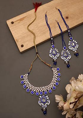 Blue Gold Plated Artificial Stone And Bead  Necklace Set With Maang Tikka