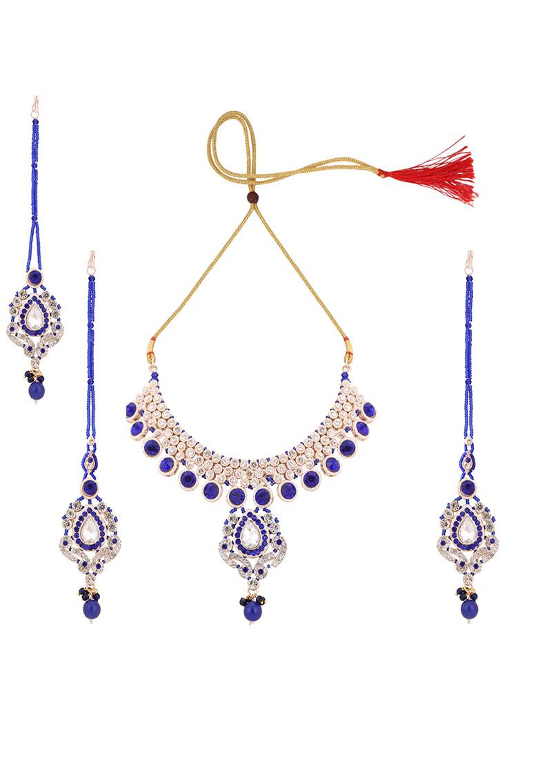 Blue Gold Plated Artificial Stone And Bead  Necklace Set With Maang Tikka - Indya