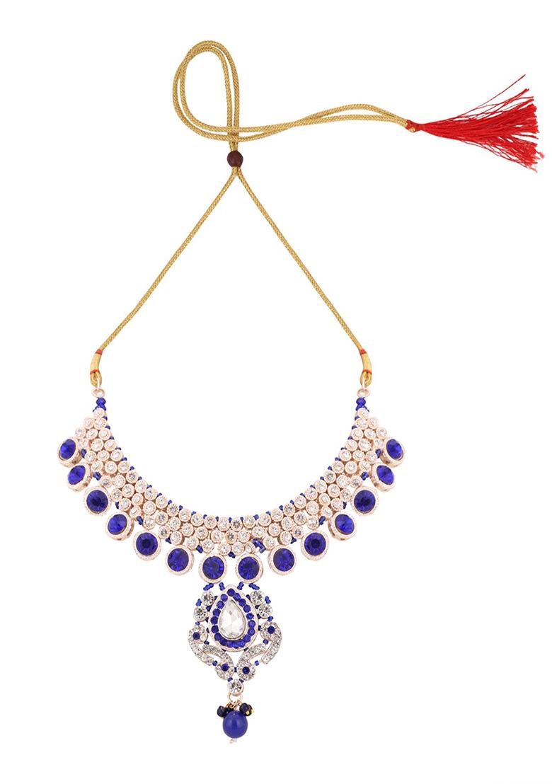 Blue Gold Plated Artificial Stone And Bead  Necklace Set With Maang Tikka - Indya