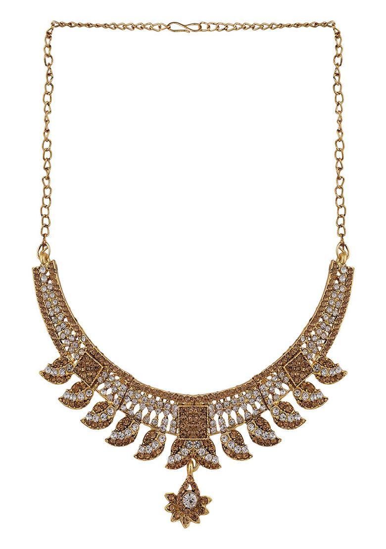 Gold Plated Cubic Zirconia Necklace Set With Maang Tikka - Indya