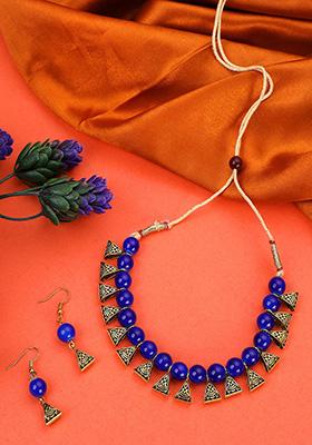 Blue Gold Plated Bead Necklace Set