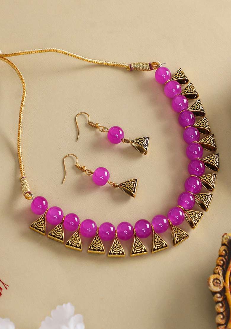 Pink Gold Plated Bead Necklace Set - Indya