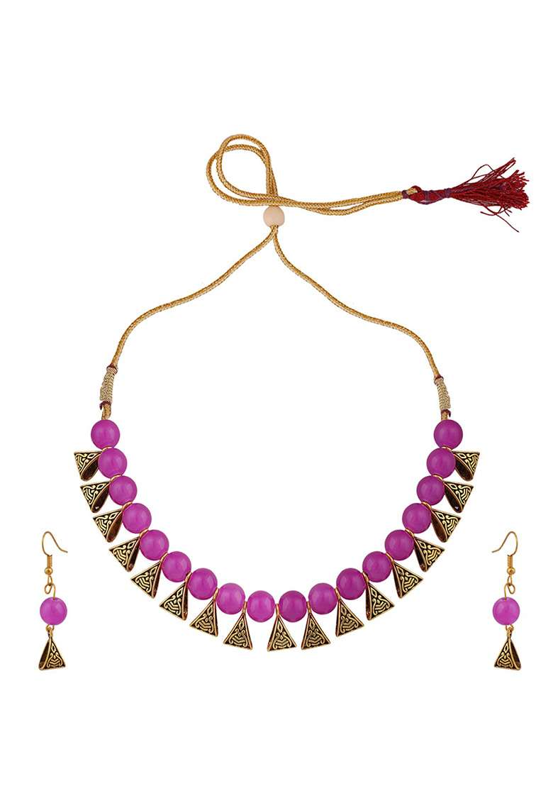 Pink Gold Plated Bead Necklace Set - Indya