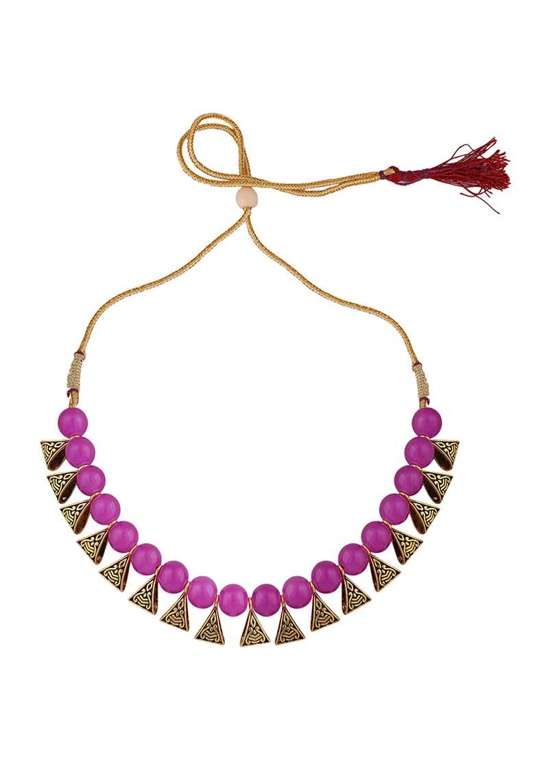 Pink Gold Plated Bead Necklace Set - Indya