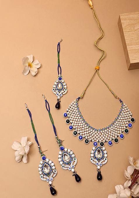 Multicolour Gold Plated Artificial Stone And Bead  Necklace Set With Maang Tikka