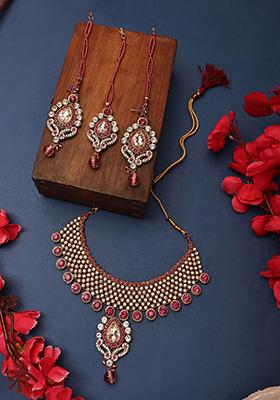 Pink Gold Plated Artificial Stone And Bead  Necklace Set With Maang Tikka