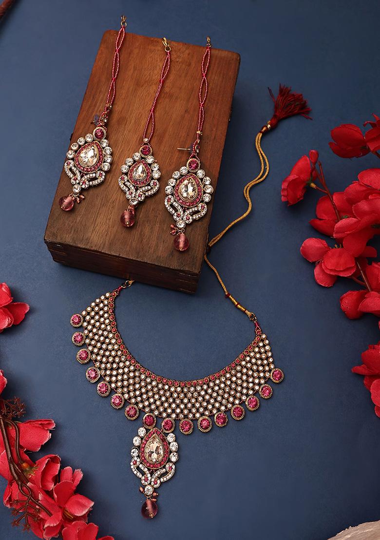Pink Gold Plated Artificial Stone And Bead Necklace Set With Maang Tikka
