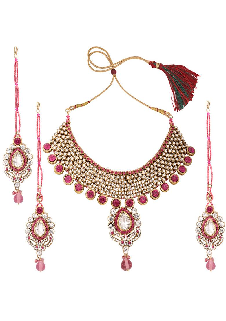 Pink Gold Plated Artificial Stone And Bead Necklace Set With Maang Tikka