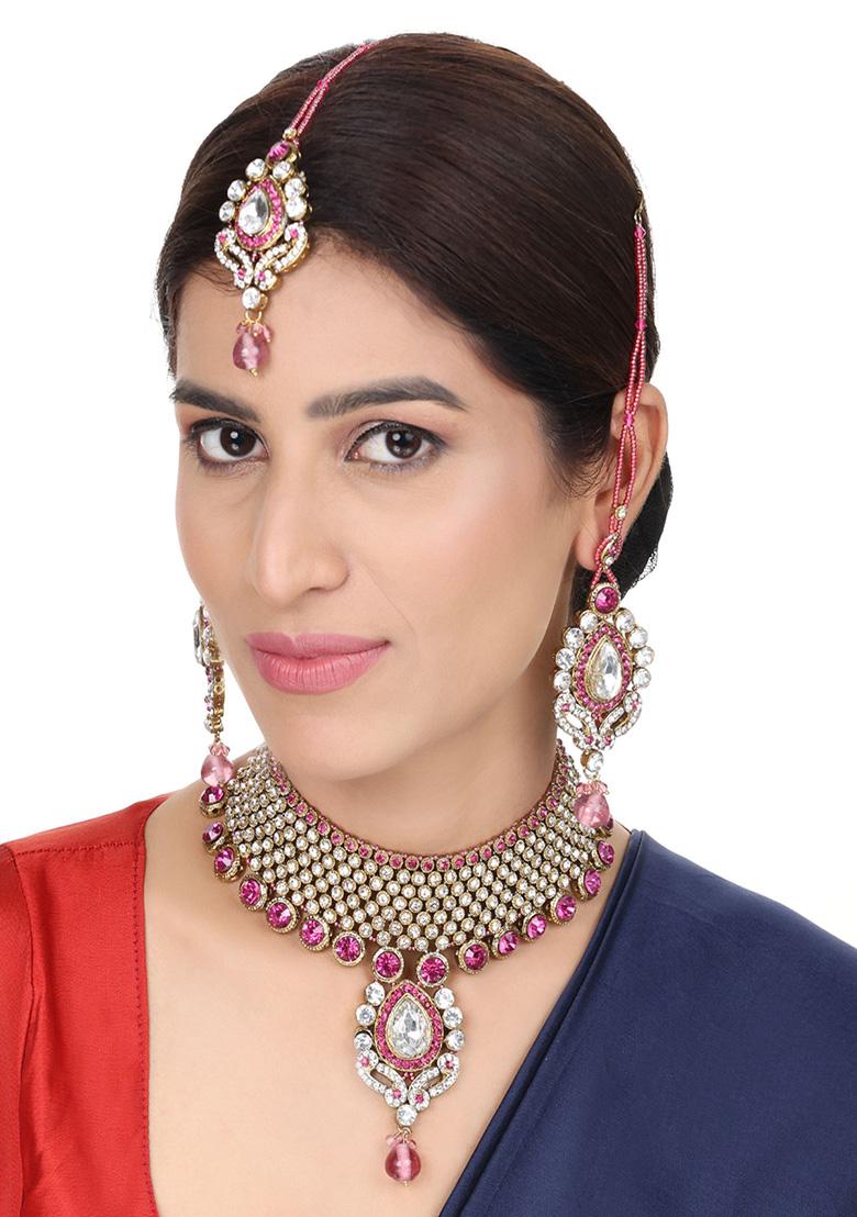 Pink Gold Plated Artificial Stone And Bead Necklace Set With Maang Tikka