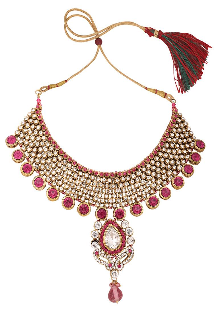 Pink Gold Plated Artificial Stone And Bead Necklace Set With Maang Tikka