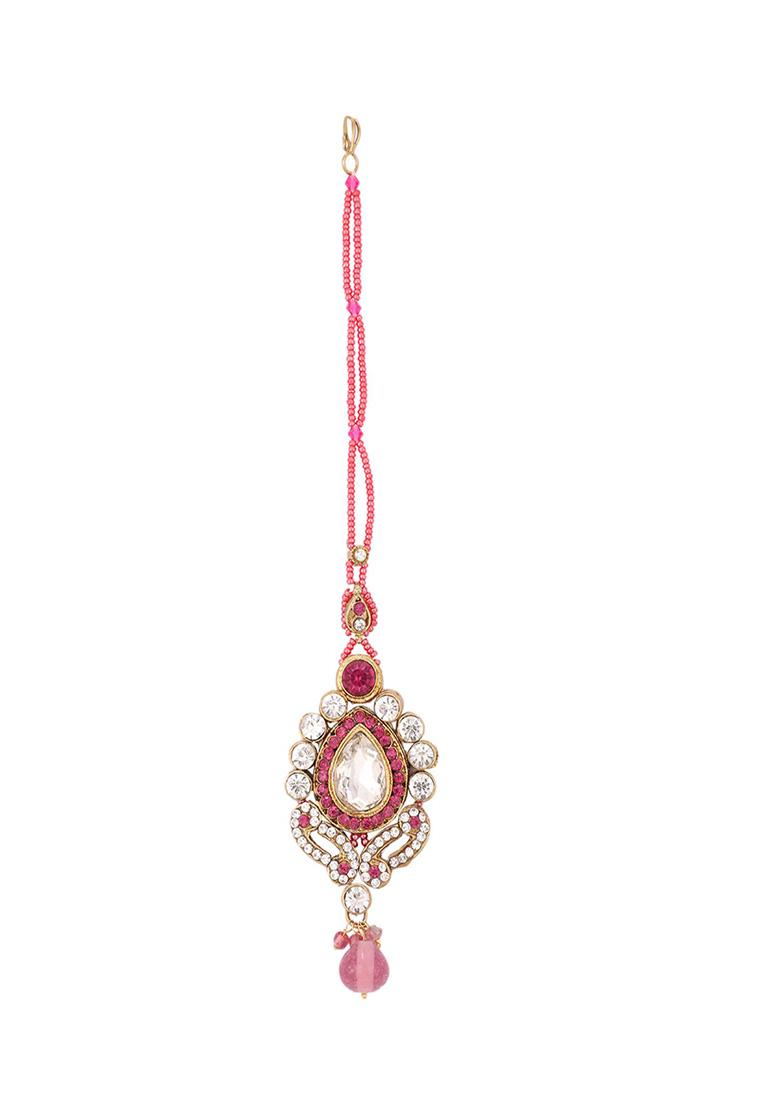 Pink Gold Plated Artificial Stone And Bead Necklace Set With Maang Tikka