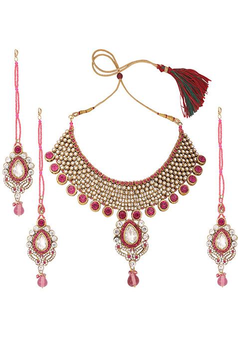 Pink Gold Plated Artificial Stone And Bead Necklace Set With Maang Tikka