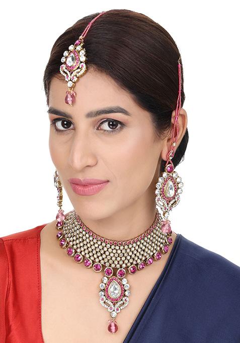 Pink Gold Plated Artificial Stone And Bead Necklace Set With Maang Tikka