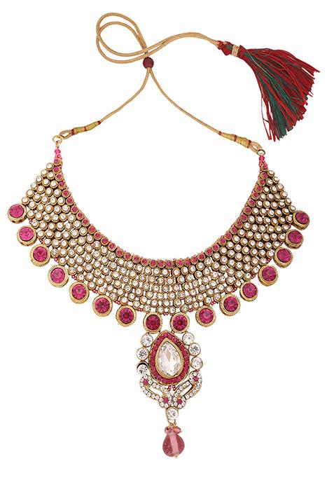 Pink Gold Plated Artificial Stone And Bead Necklace Set With Maang Tikka