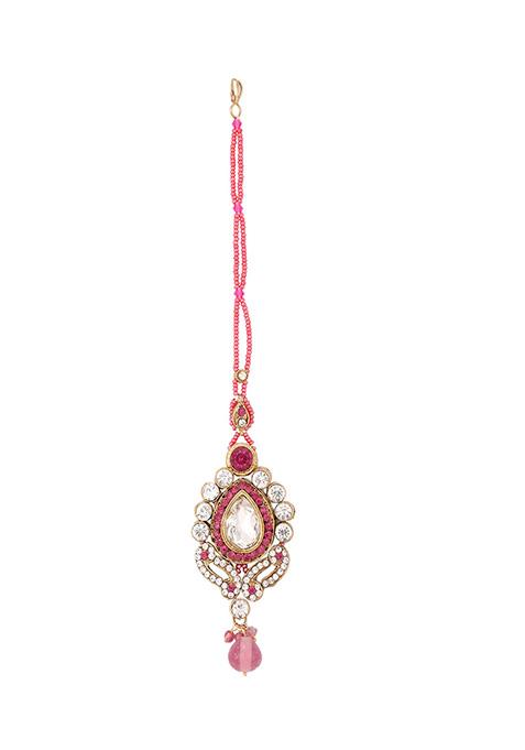 Pink Gold Plated Artificial Stone And Bead Necklace Set With Maang Tikka