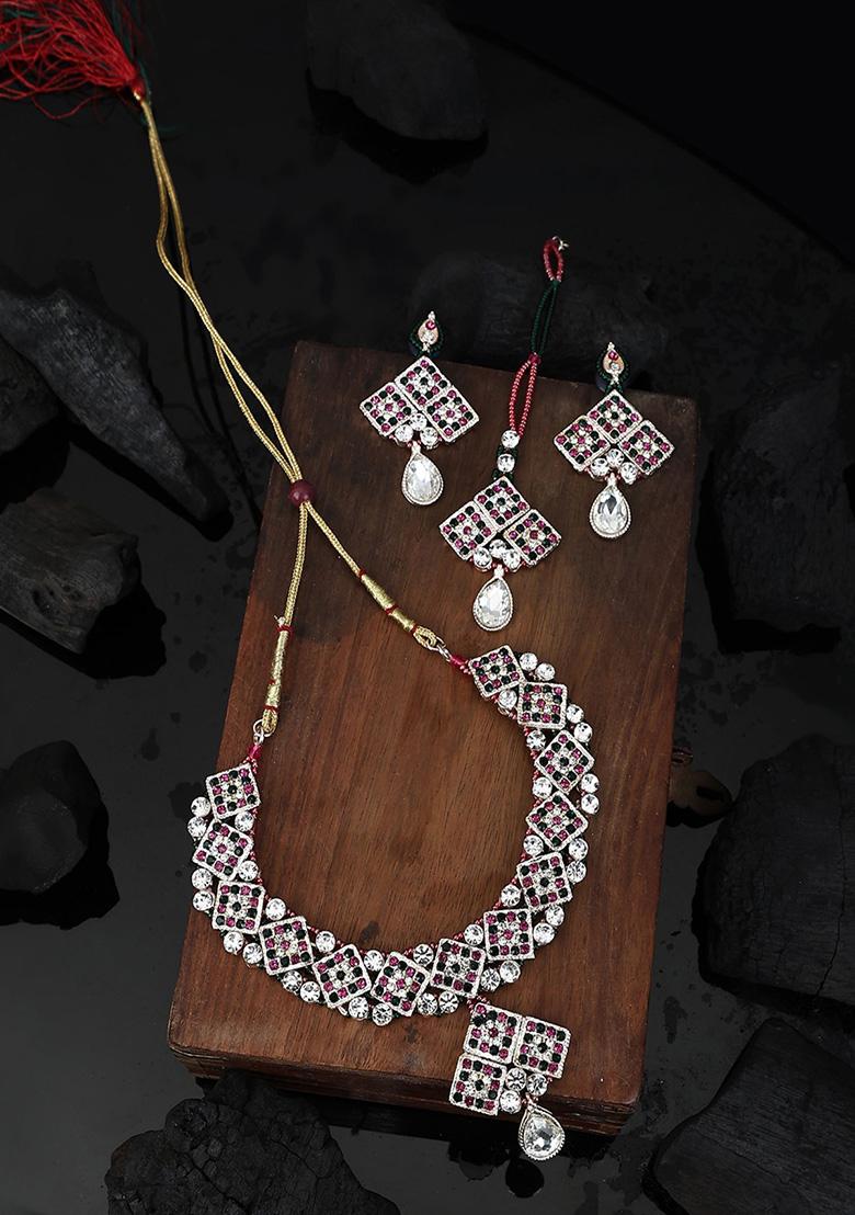 Multicolour Silver Plated Artificial Stone Necklace Set With Maang Tikka