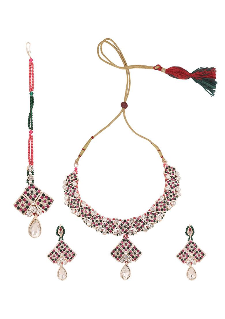 Multicolour Silver Plated Artificial Stone Necklace Set With Maang Tikka