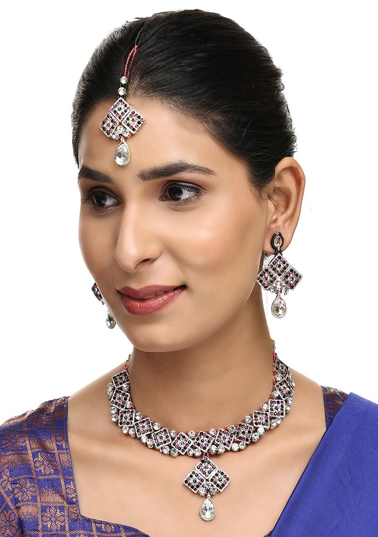 Multicolour Silver Plated Artificial Stone Necklace Set With Maang Tikka