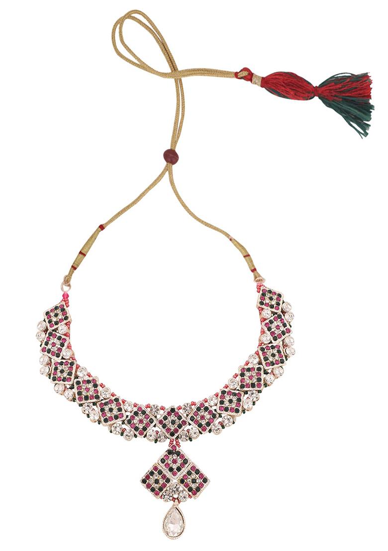 Multicolour Silver Plated Artificial Stone Necklace Set With Maang Tikka