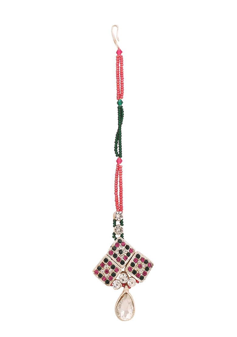 Multicolour Silver Plated Artificial Stone Necklace Set With Maang Tikka