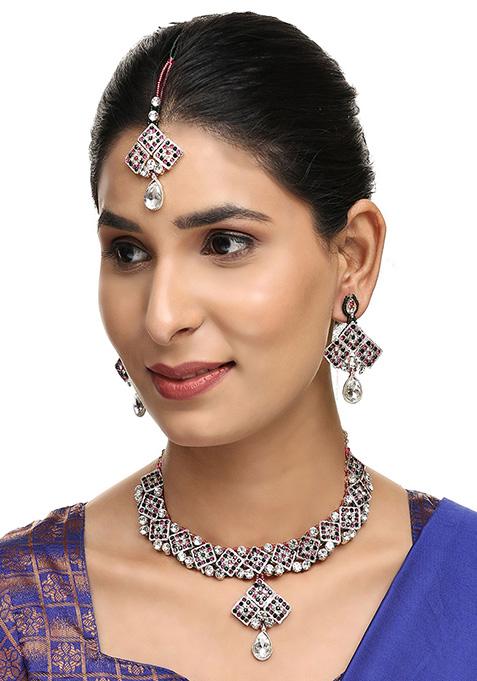 Multicolour Silver Plated Artificial Stone Necklace Set With Maang Tikka