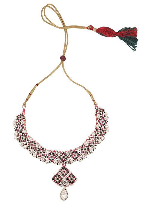 Multicolour Silver Plated Artificial Stone Necklace Set With Maang Tikka