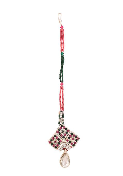 Multicolour Silver Plated Artificial Stone Necklace Set With Maang Tikka