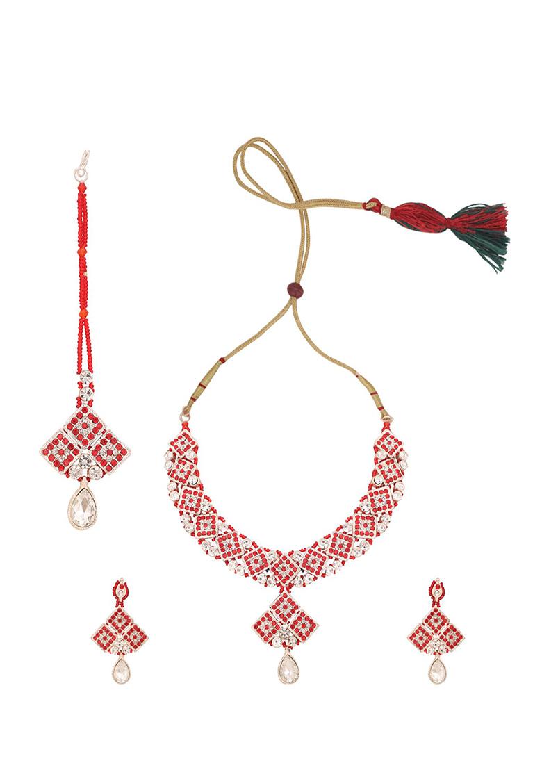 Red Silver Plated Artificial Stone Necklace Set With Maang Tikka