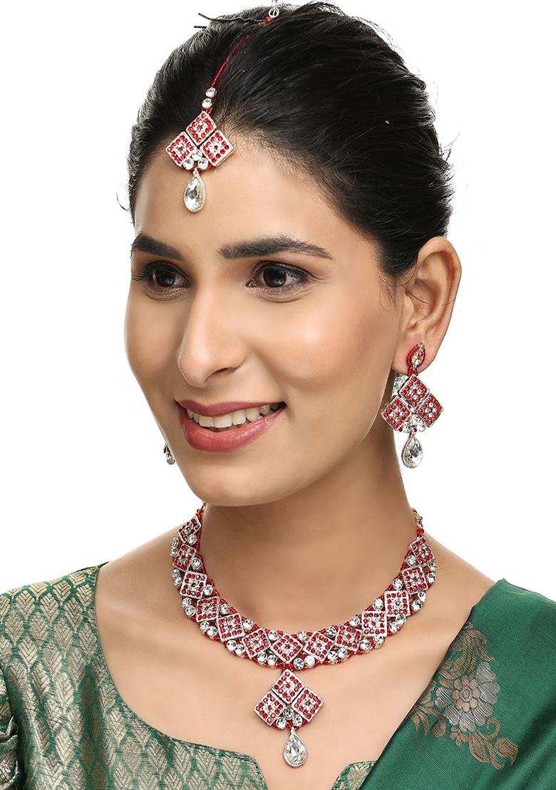 Red Silver Plated Artificial Stone Necklace Set With Maang Tikka