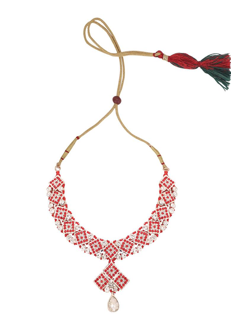 Red Silver Plated Artificial Stone Necklace Set With Maang Tikka